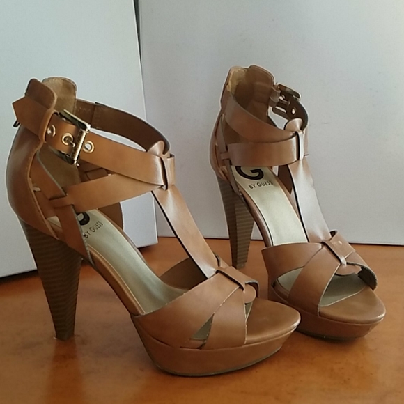 G by Guess Shoes - Guess Tan Camel Leather Strappy Ankle Sandal Heels